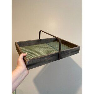 Primitive Antique Wood Tray With Metal Handle Rustic Decor 18"x12"x6" Green Line